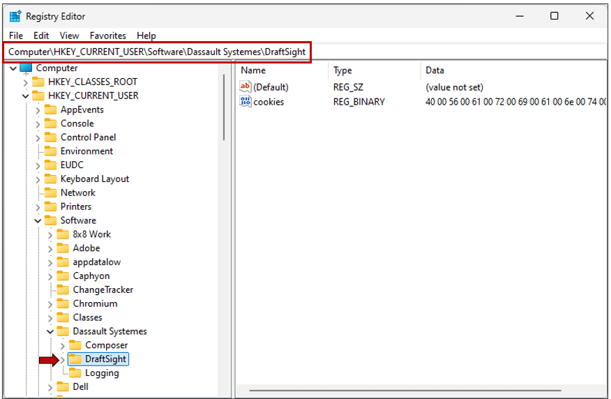 Windows Registry Editor showing DraftSight registry key view