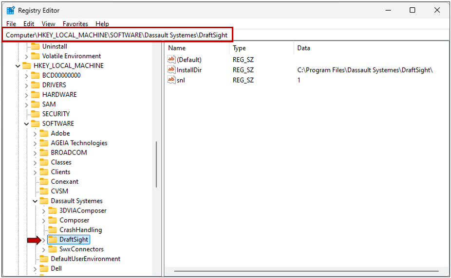 Windows Registry Editor showing HKEY_LOCAL_MACHINE DraftSight key