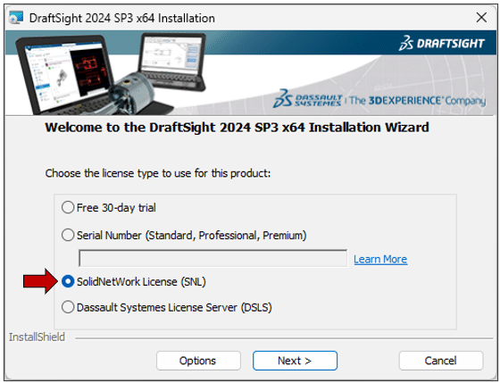 DraftSight setup screen with license options