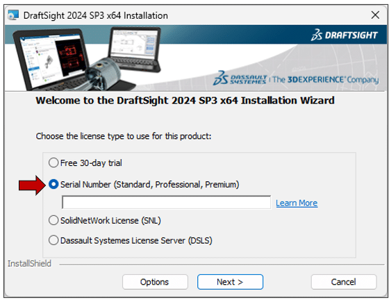 DraftSight license entry screen with serial number input