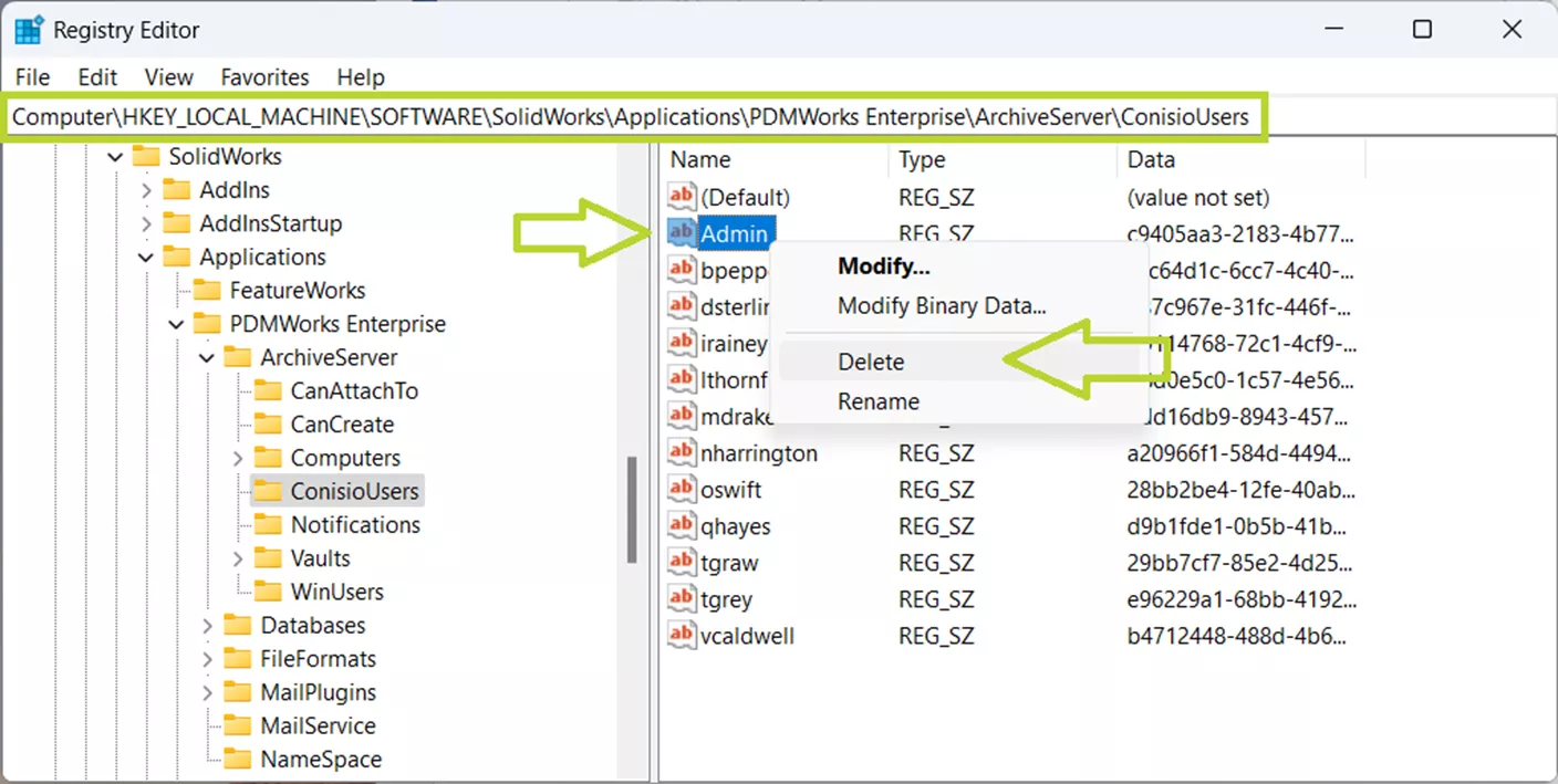 SOLIDWORKS PDM Registry Editor file structure view