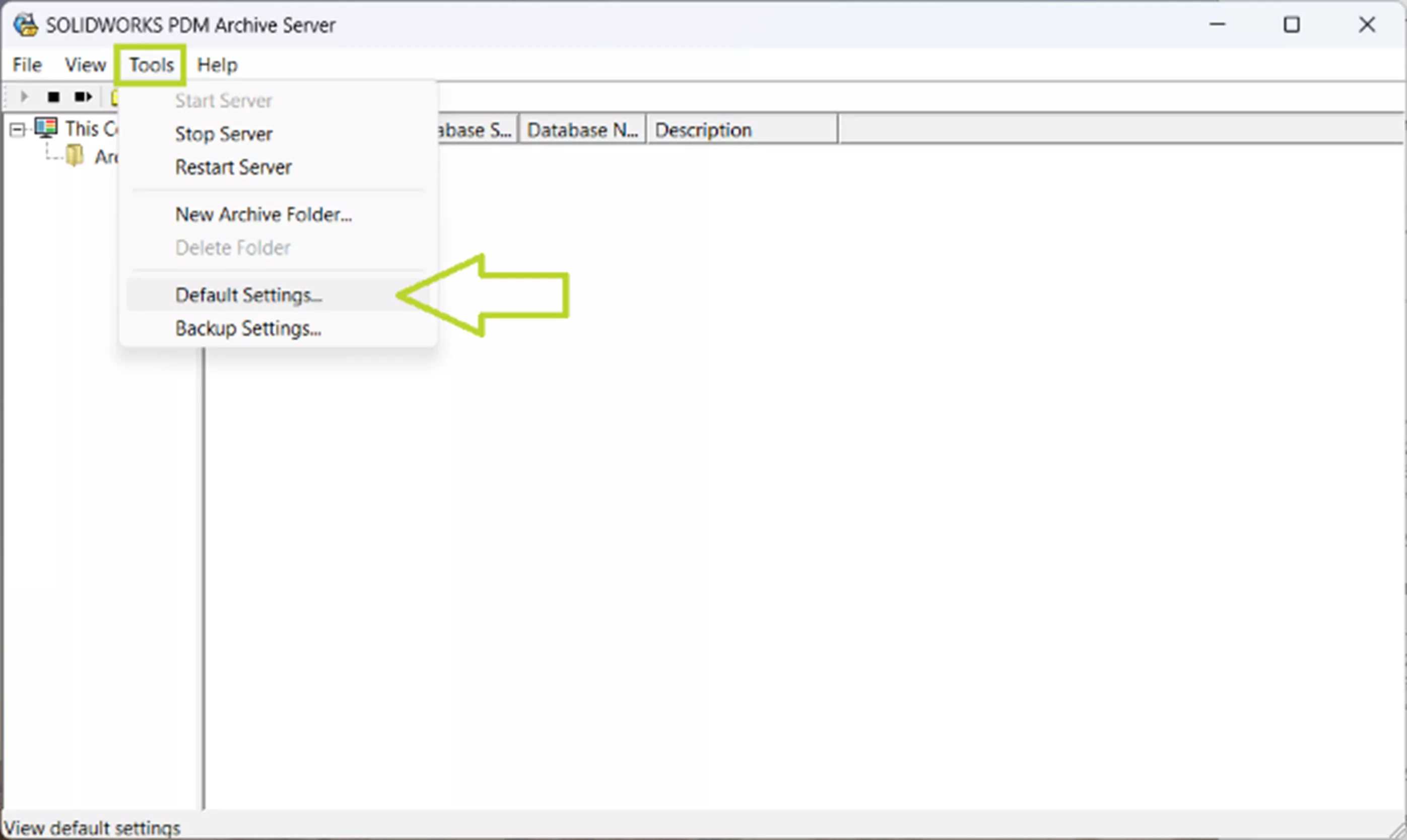 SOLIDWORKS PDM Archive Server default settings screen