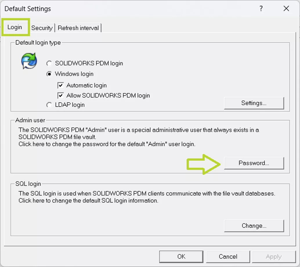 SOLIDWORKS PDM Archive password setting dialog box