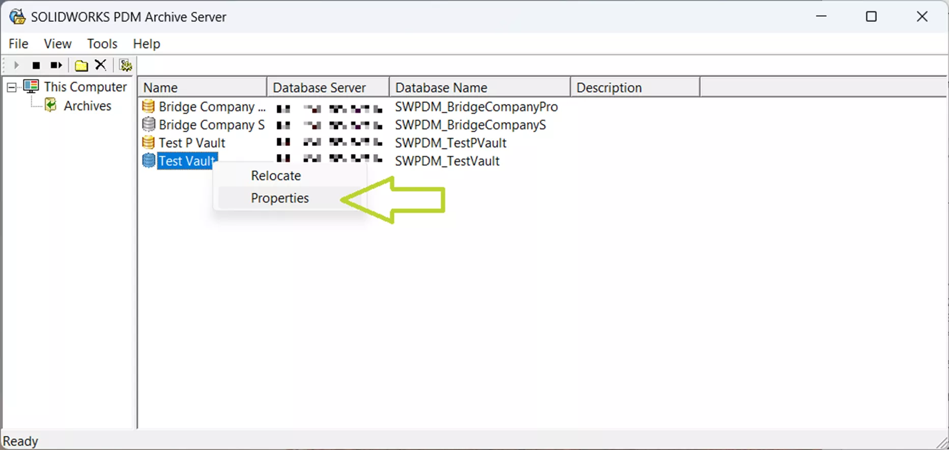 SOLIDWORKS PDM Archive properties window