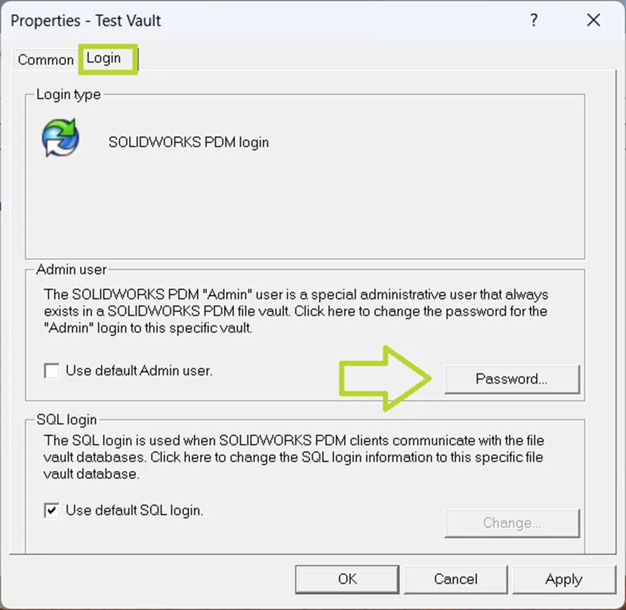 SOLIDWORKS PDM new password setting screen