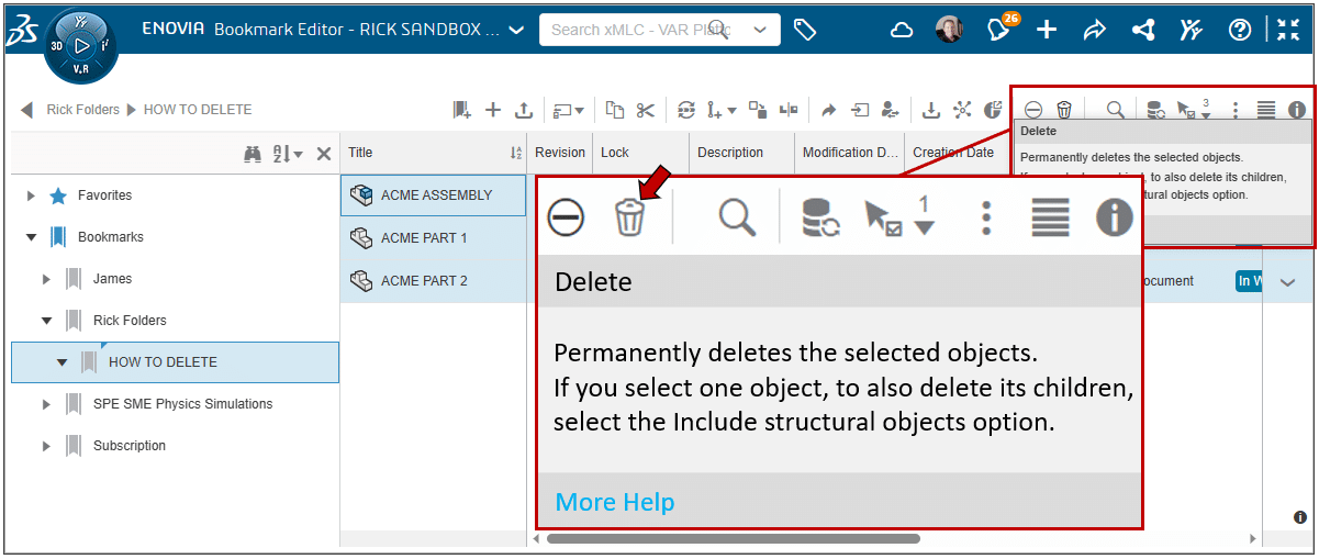 Screenshot: Deleting files from the 3DEXPERIENCE Bookmark Editor using the Delete icon