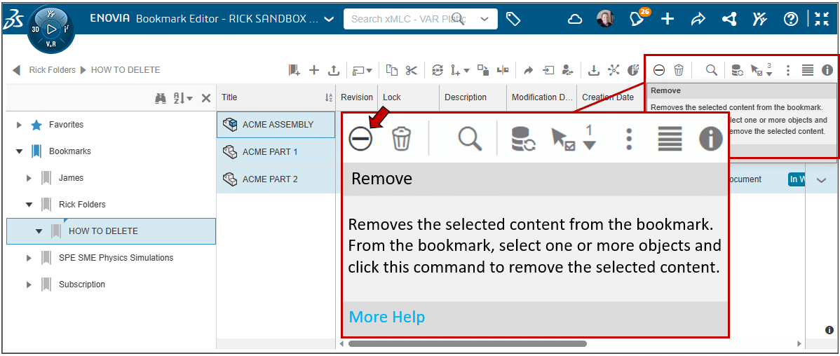 Screenshot: Remove action in the 3DEXPERIENCE Bookmark Editor