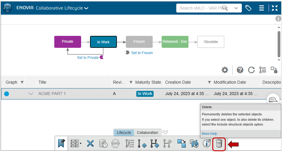 Screenshot: ENOVIA Collaborative Lifecycle interface showing Delete icon position
