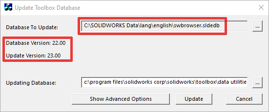 Ventana de diálogo de actualización de base de datos de Toolbox e información de versión