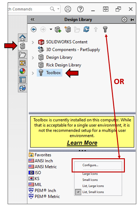 Pantalla de configuración de SOLIDWORKS Toolbox mostrando la interfaz de configuración