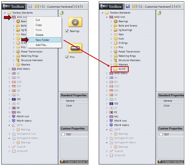Pantalla de creación de nueva carpeta de SOLIDWORKS Toolbox