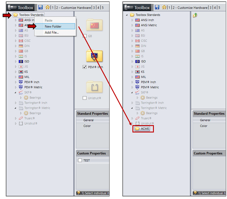 Pantalla de configuración de nueva carpeta de SOLIDWORKS Toolbox