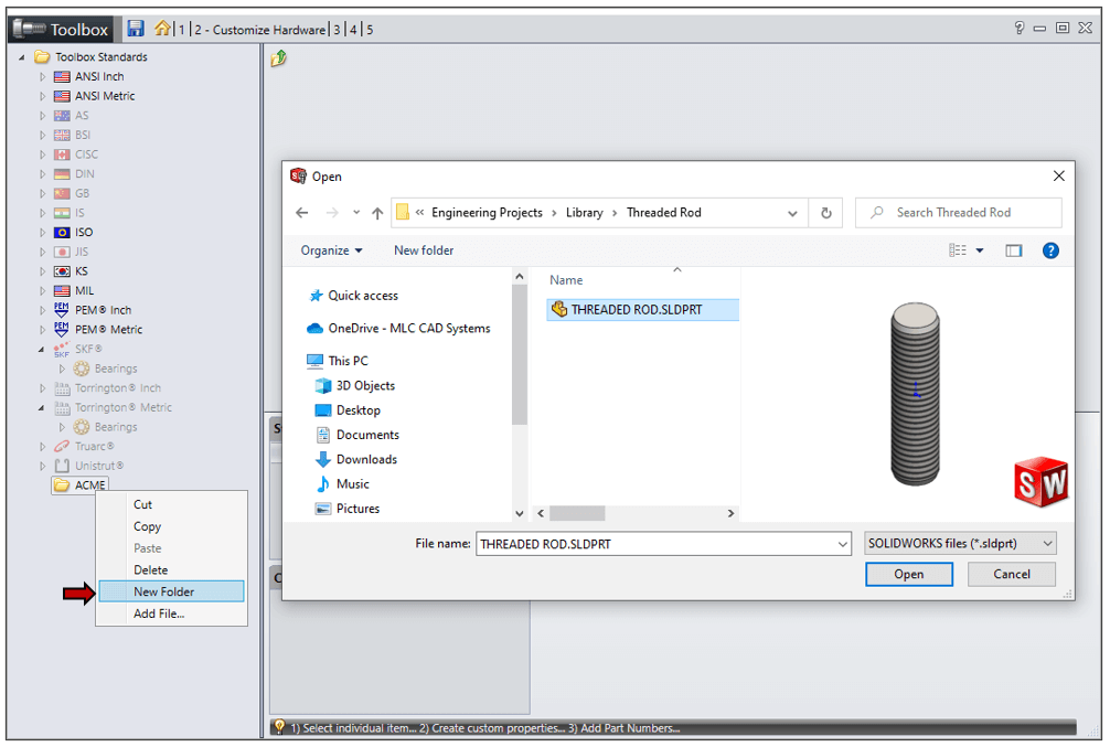 Pantalla de agregar carpeta de SOLIDWORKS Toolbox