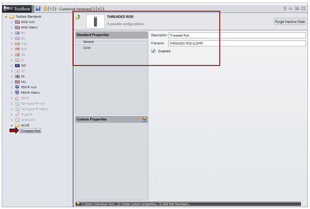 Pantalla de personalizar hardware de SOLIDWORKS Toolbox