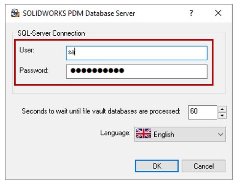 SOLIDWORKS PDM Database Server Konfigurationsbildschirm - SQL-Anmeldedaten aktualisieren