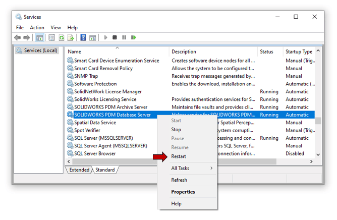 SOLIDWORKS Database Server-Dienst neu starten Screenshot