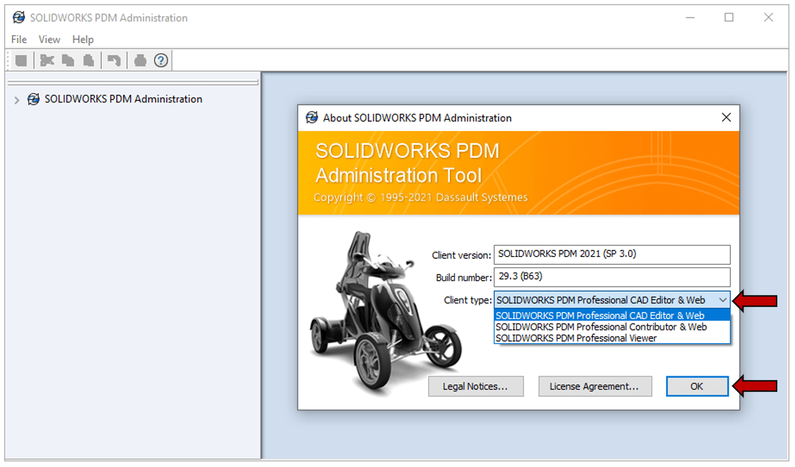 SOLIDWORKS PDM Client türü seçim ekranını gösteren ekran görüntüsü