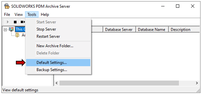 Screenshot des SOLIDWORKS PDM Archivserver-Standardeinstellungsmenüs