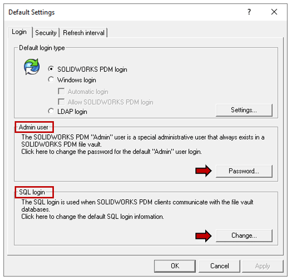 Screenshot mit Admin-Benutzerkennwort und SQL-Anmeldeeinstellungen im SOLIDWORKS PDM Standardeinstellungsdialog