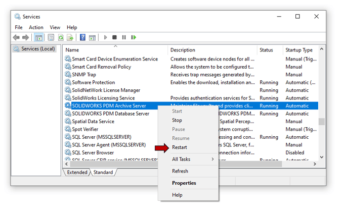 Screenshot des Neustartprozesses des SOLIDWORKS PDM Archivservers in Windows-Diensten