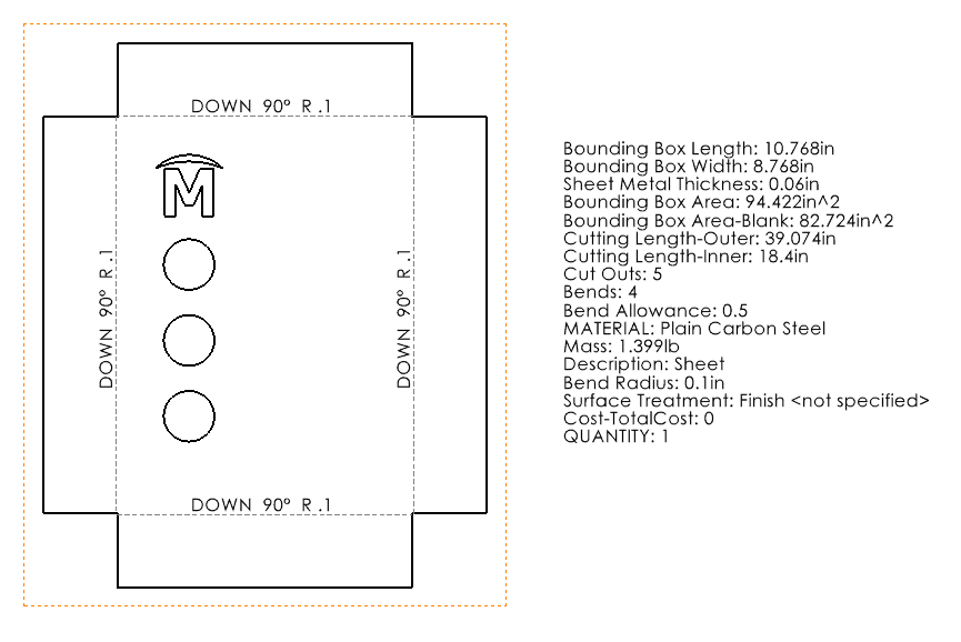 Screenshot einer SOLIDWORKS Blechzeichnung und technischen Zeichnungseigenschaften