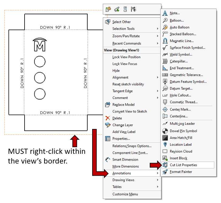 Screenshot des Schnittlisteneigenschaften-Menüs in einer SOLIDWORKS-Zeichnung