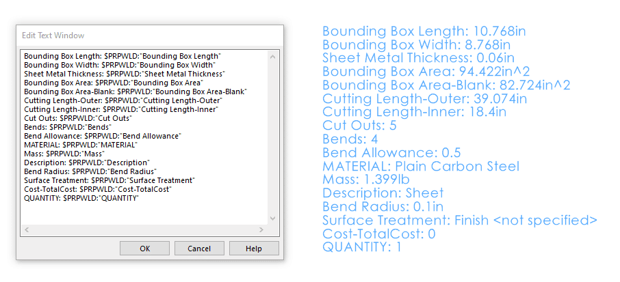 Detaillierte Ansicht des SOLIDWORKS Schnittlisteneigenschaften-Bearbeitungsfensters