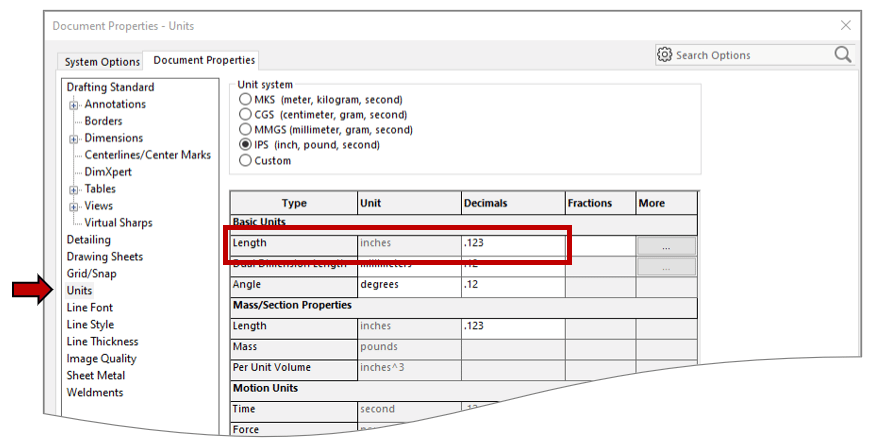 Screenshot des SOLIDWORKS Dokumenteigenschaften-Fensters