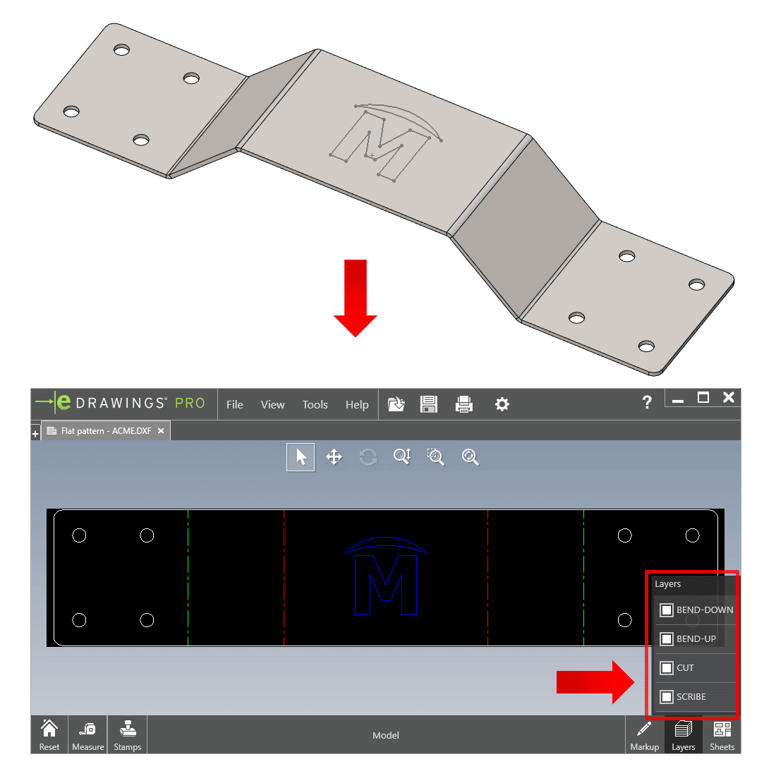 Screenshot showing SOLIDWORKS Sheet Metal to DXF/DWG conversion with layer mapping