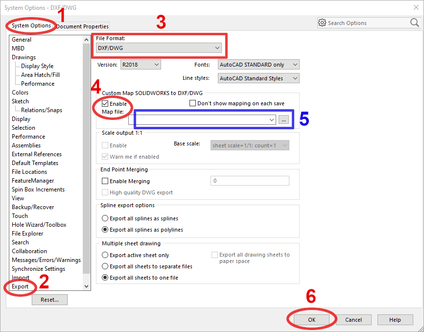 Screenshot of SOLIDWORKS System Options showing DWG/DXF export settings