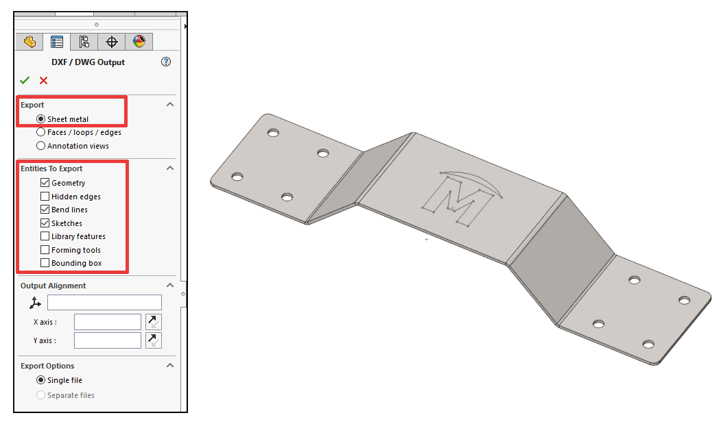 DXF/DWG output preview showing selected entities for export