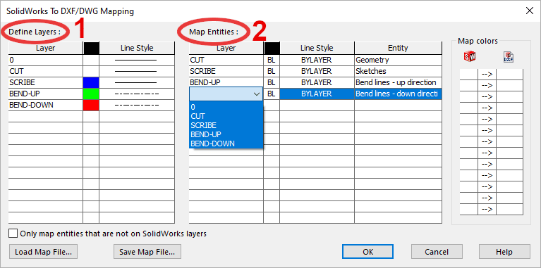 DXF/DWG mapping dialog showing layer assignments and color mapping