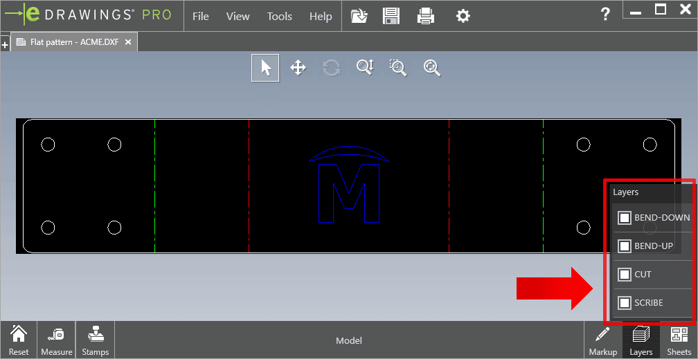 Preview of mapped eDrawings/DXF file showing layers and line styles