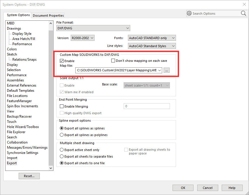 SOLIDWORKS System Options screenshot showing mapping file settings