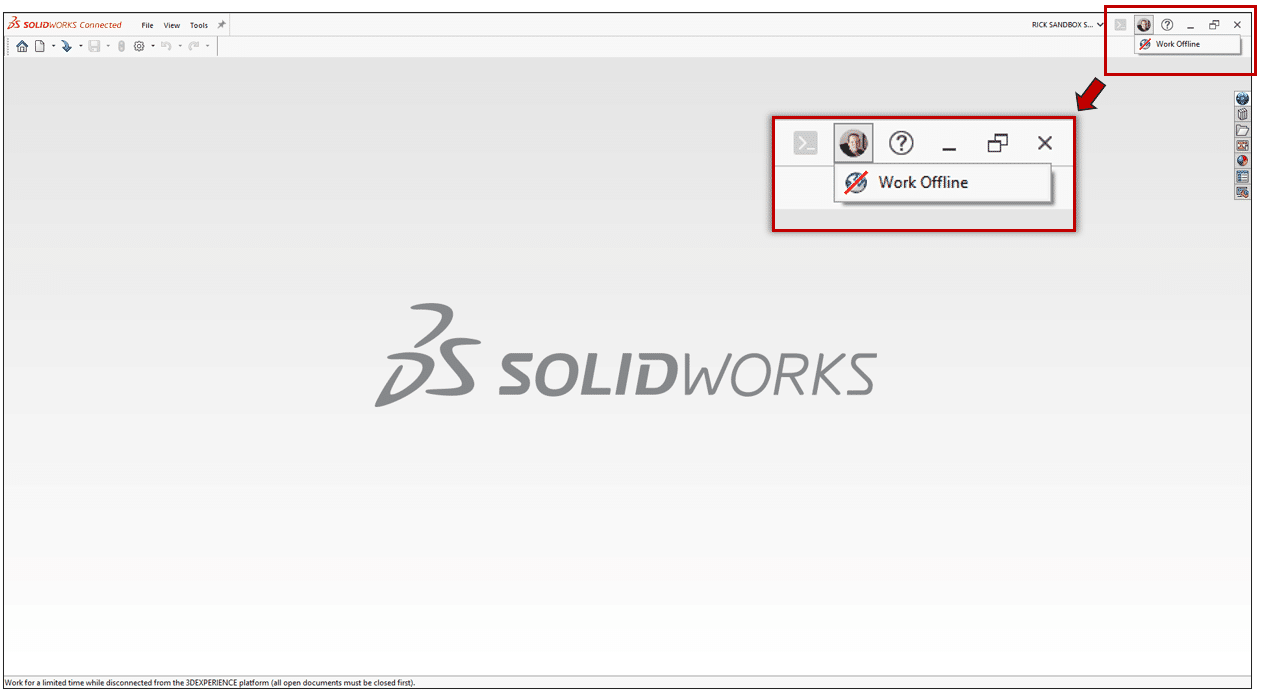 3DEXPERIENCE SOLIDWORKS オフラインモード選択