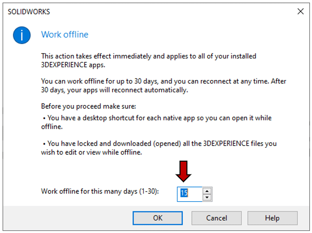 3DEXPERIENCE SOLIDWORKS オフラインモードダイアログボックスのスクリーンショット