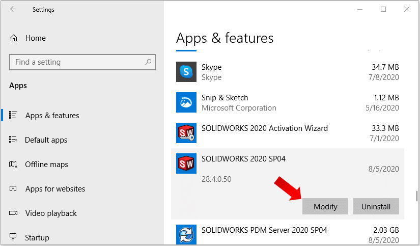 Screenshot showing SOLIDWORKS Modify option in Windows Settings