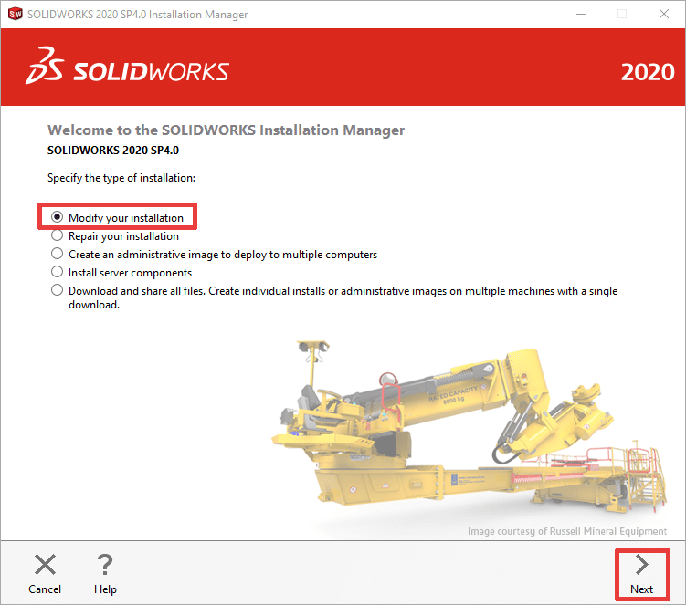 SOLIDWORKS Modify your Installation screen