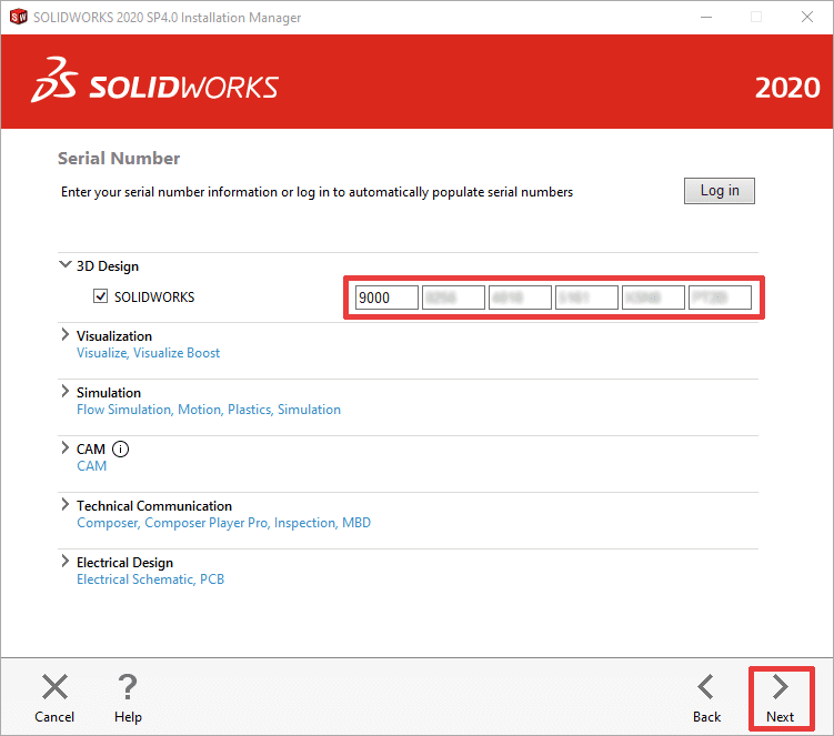 SOLIDWORKS Serial Number screen interface