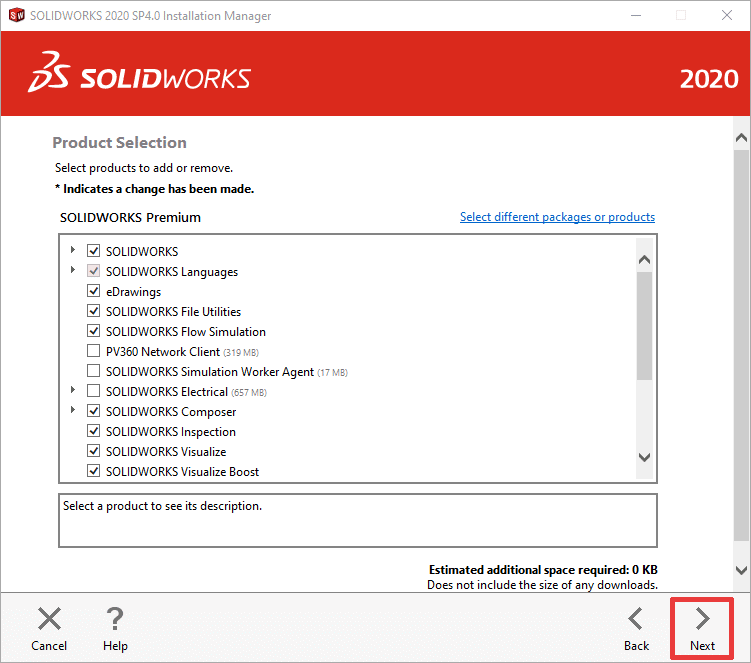 SOLIDWORKS Product Selection screen