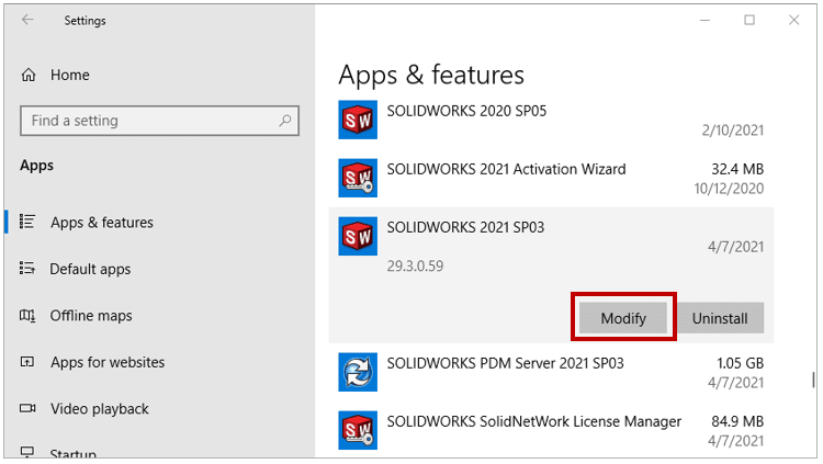 Screenshot showing SOLIDWORKS Modify option in Windows Settings