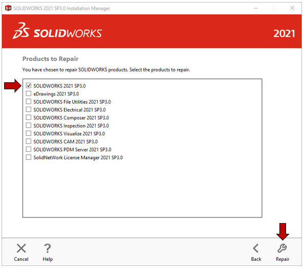 SOLIDWORKS Product Selection screen