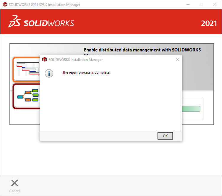 SOLIDWORKS Repair completion screen