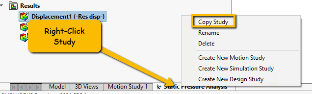 Screenshot del menu di copia studio di SOLIDWORKS Simulation