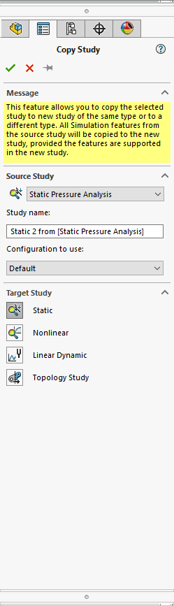 Screenshot della finestra di dialogo di copia studio di SOLIDWORKS Simulation