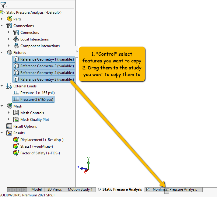 Screenshot del processo di copia funzionalità trascina e rilascia di SOLIDWORKS Simulation
