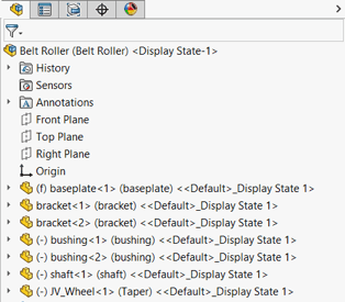 Screenshot dell'albero del Gestore funzioni SOLIDWORKS che mostra un componente bloccato nell'assieme