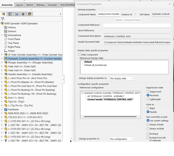 Screenshot della finestra di dialogo Proprietà del componente SOLIDWORKS per rendere un sottoassieme flessibile