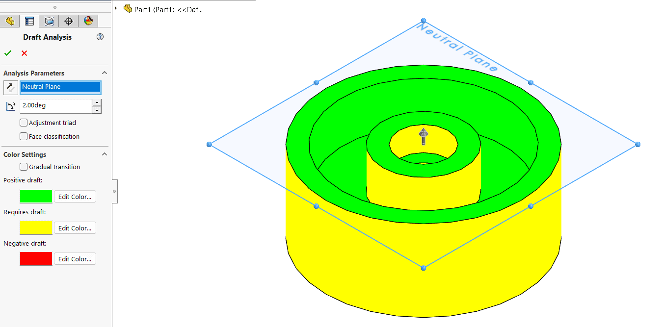 Screenshot che mostra la rappresentazione visiva codificata a colori dello strumento Analisi Sformo di SOLIDWORKS