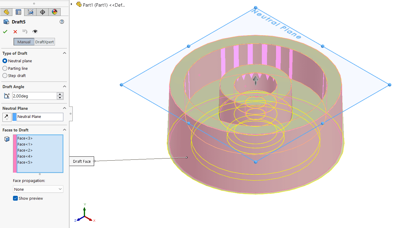 Screenshot che mostra le impostazioni dei parametri dello strumento DraftXpert di SOLIDWORKS